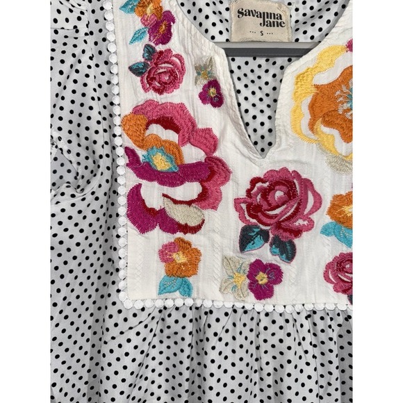 Savannah Jane black and white polka‎ dot top with floral embroidered yoke small - Picture 2 of 5